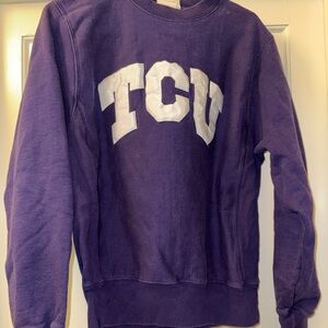 Texas Christian University Reverse Weave crewneck sweater, size small, purple